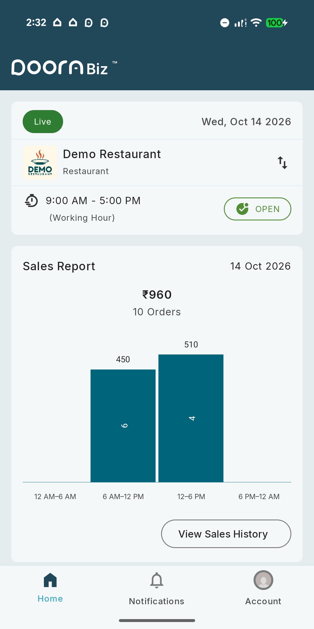 DooraBiz demo restaurant dashboard with sales chart and order summary