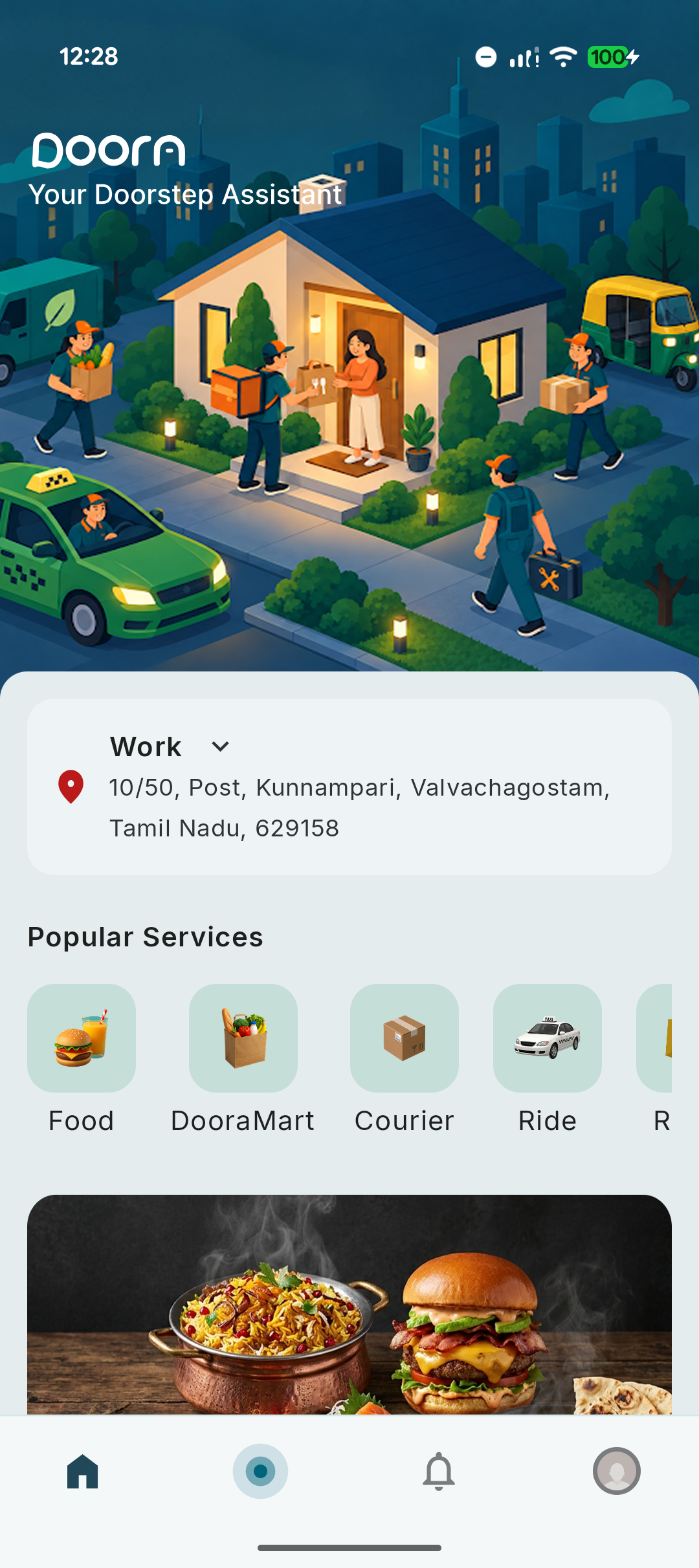 Doora customer home screen with popular services including Food, DooraMart, Courier, and Ride