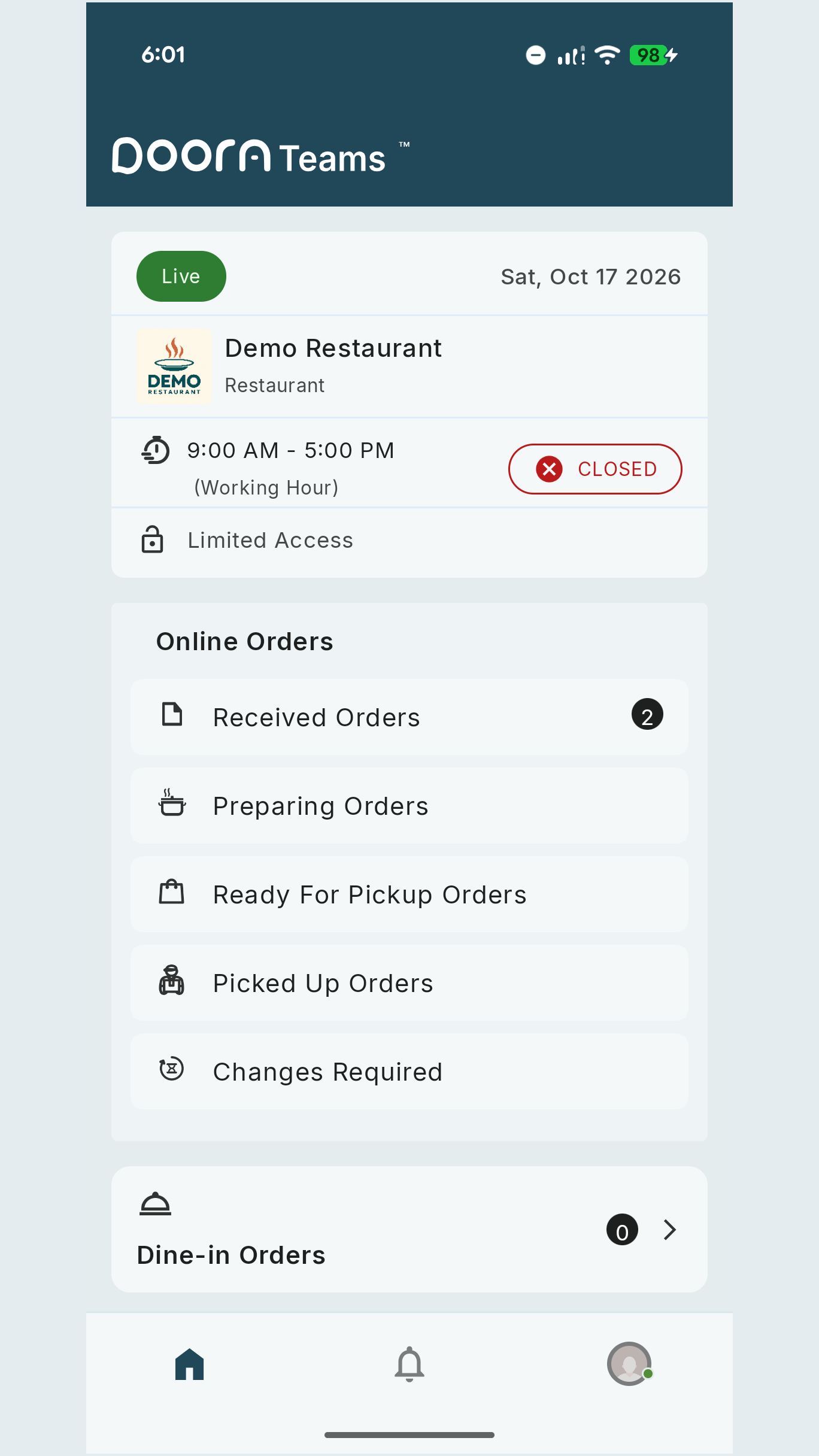 DooraTeams home screen showing demo restaurant status, online order stages, and dine-in orders